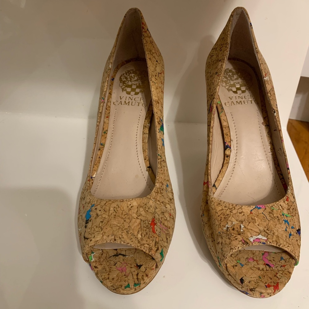 Vince Camuto Multicolor Cork Peep Toe Heels